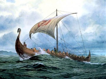 海戦 Painting - 海上のバイキング船 素晴らしい船